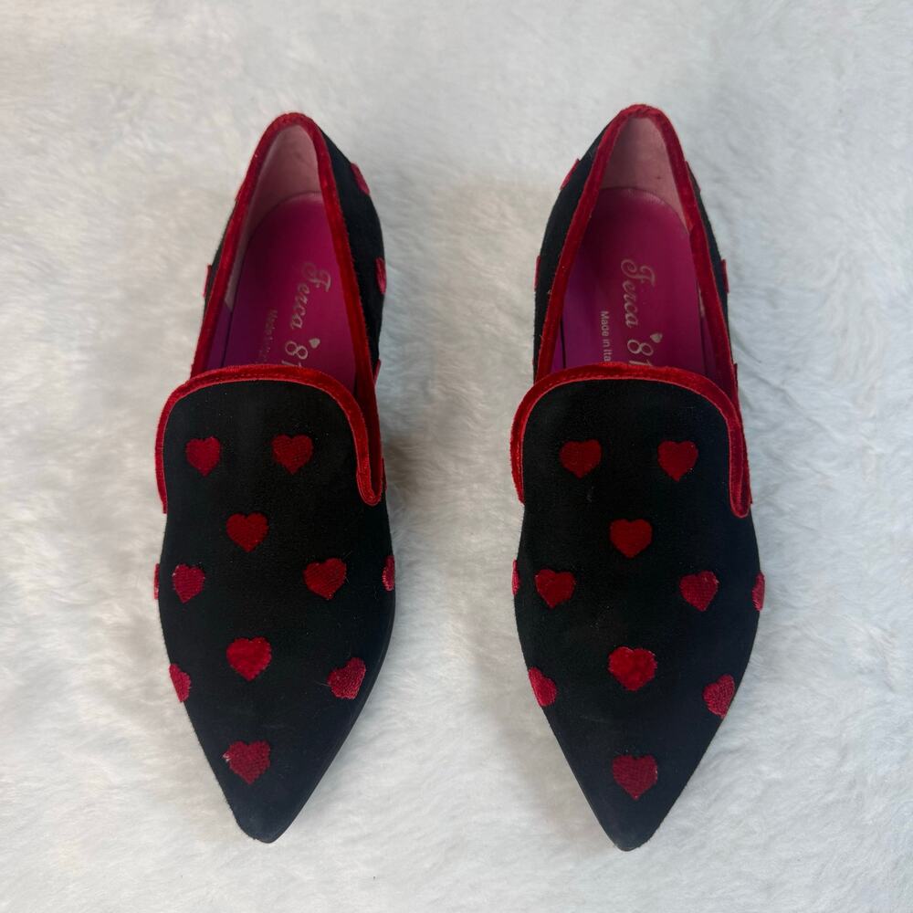 FERCA 81-Italy-Black Suede Pointy Toe Flats Red Hearts Sz 36